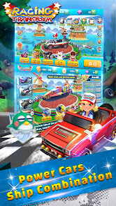 Official Google Play screenshot showing Racing Transform menu, vehicles, and racing content